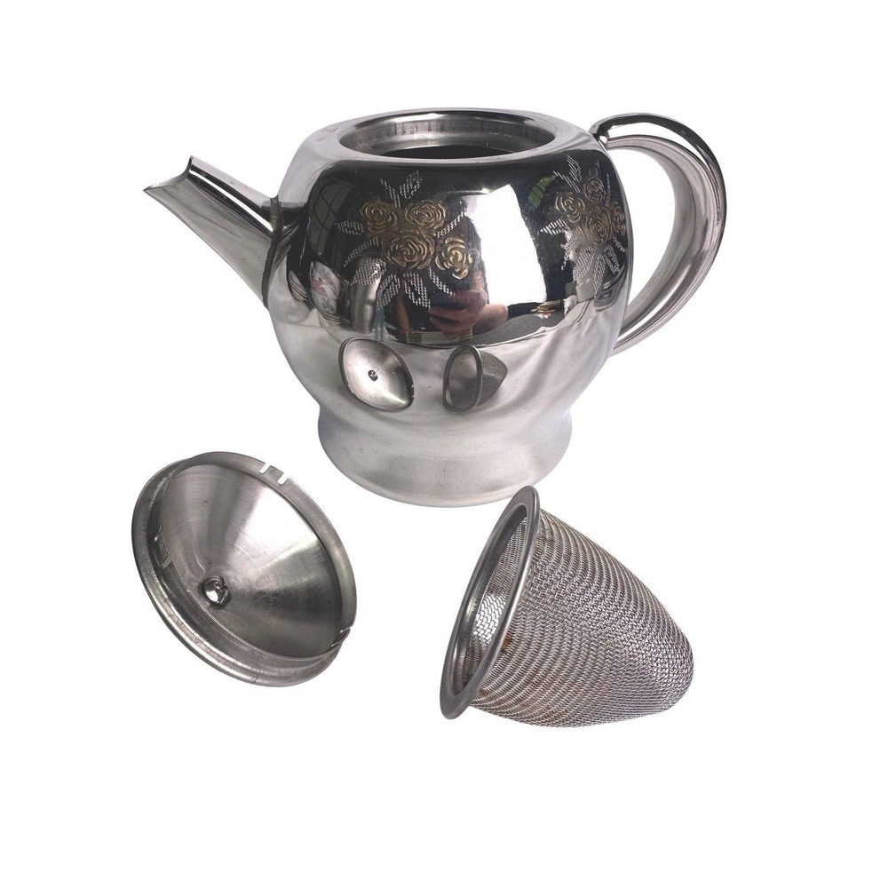 362 - Silver Tone Teapot with Gold Tone Floral Design and Basket Infuser